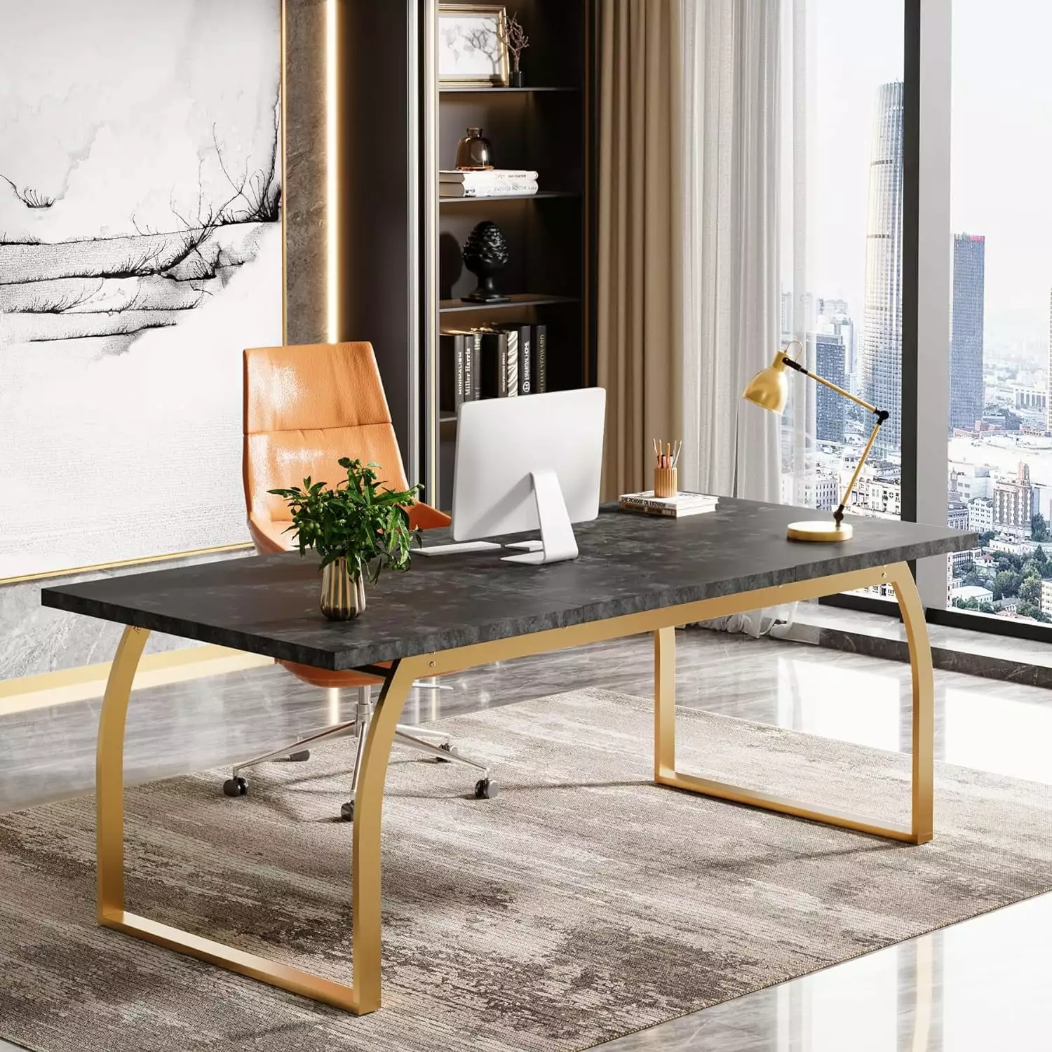 Tribesigns Modern Black Office Desk 70.87 Inches Gold Computer Executive Desk