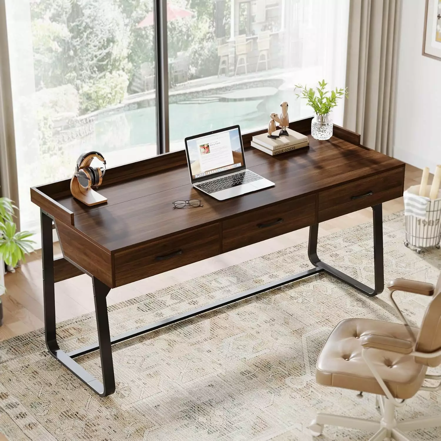 Tribesigns Office Desk 3 Drawers 62.9 Inch Executive Desk Wood Computer Desk Rustic Study Writing Table