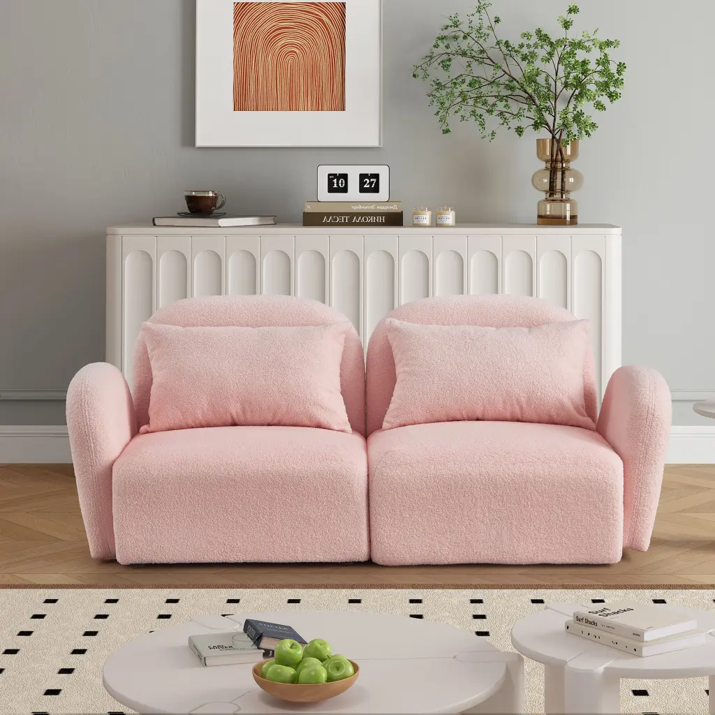Living Room Lazy Sofa Loveseat Teddy Fabric Pink Pink Foam hdf store