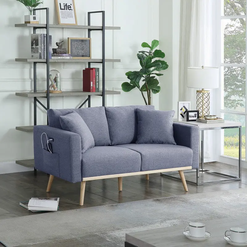 Easton 56.5 Inch Dark Gray Linen Fabric Loveseat USB Charging Ports lilola home