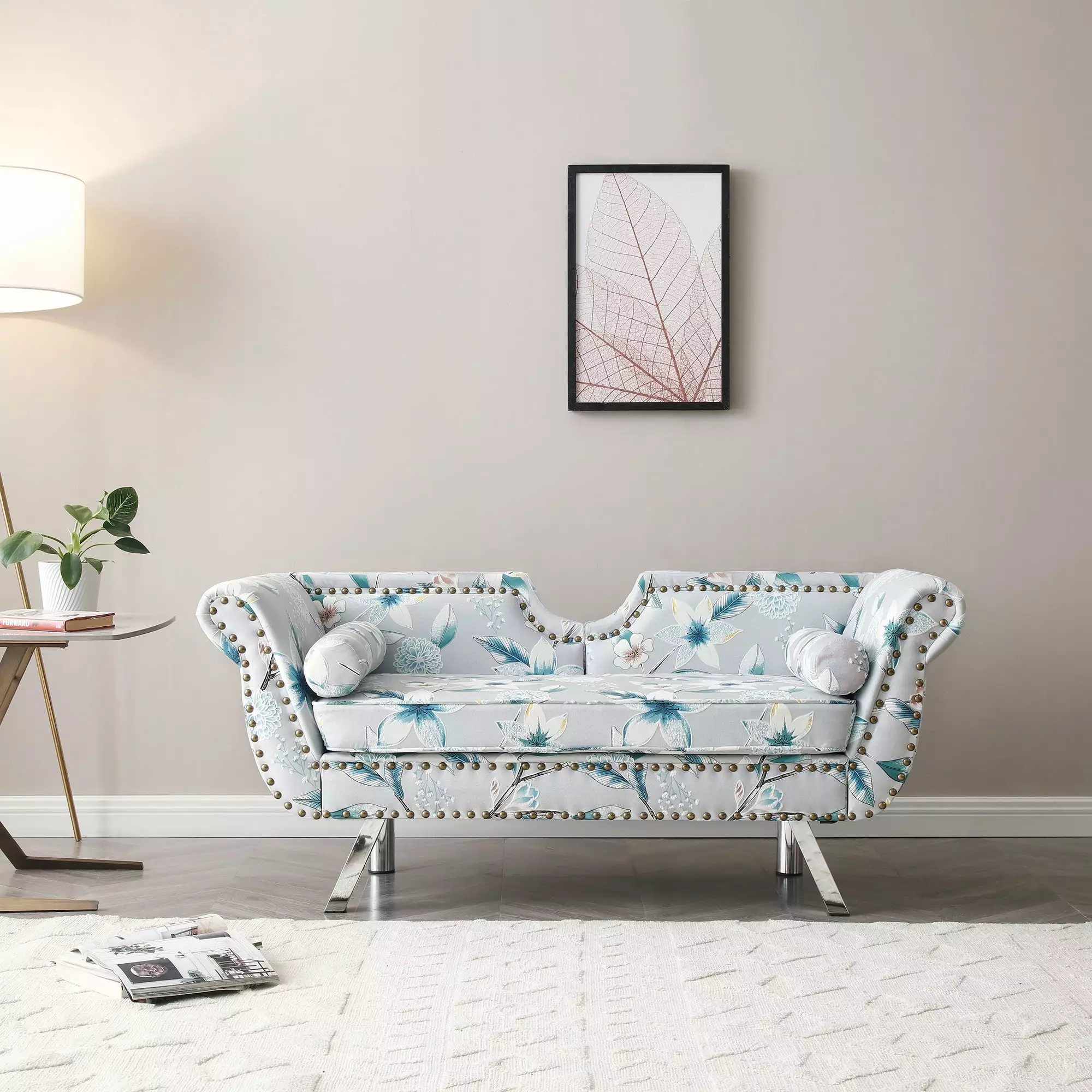 61'' Width Modern Accent Printed Fabric Loveseat Nailhead Trimming and Silver Metal Legs, Flower Pattern Settee Miekor