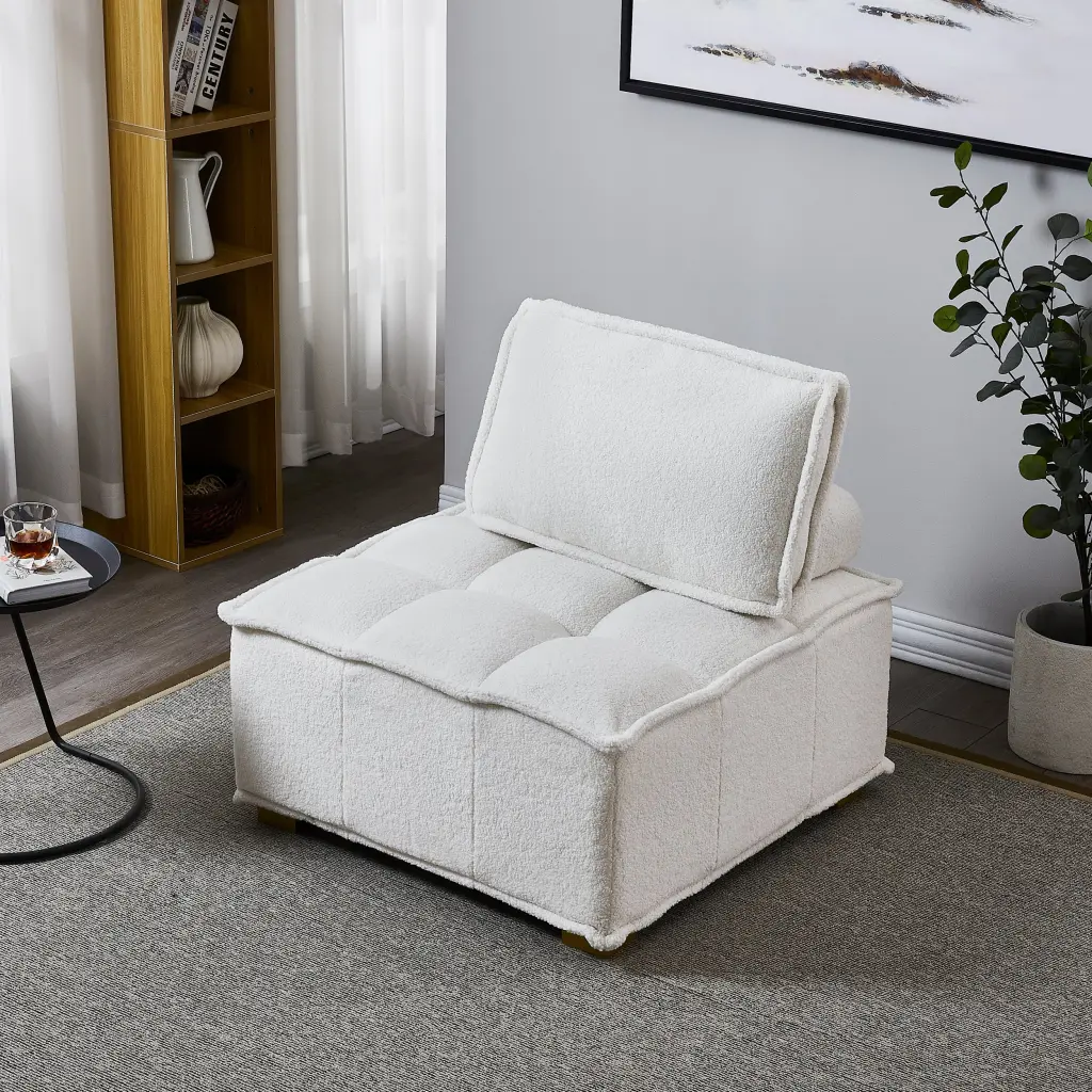 Lazy Sofa Ottoman Gold Wooden Legs and Teddy Fabric White hdf store