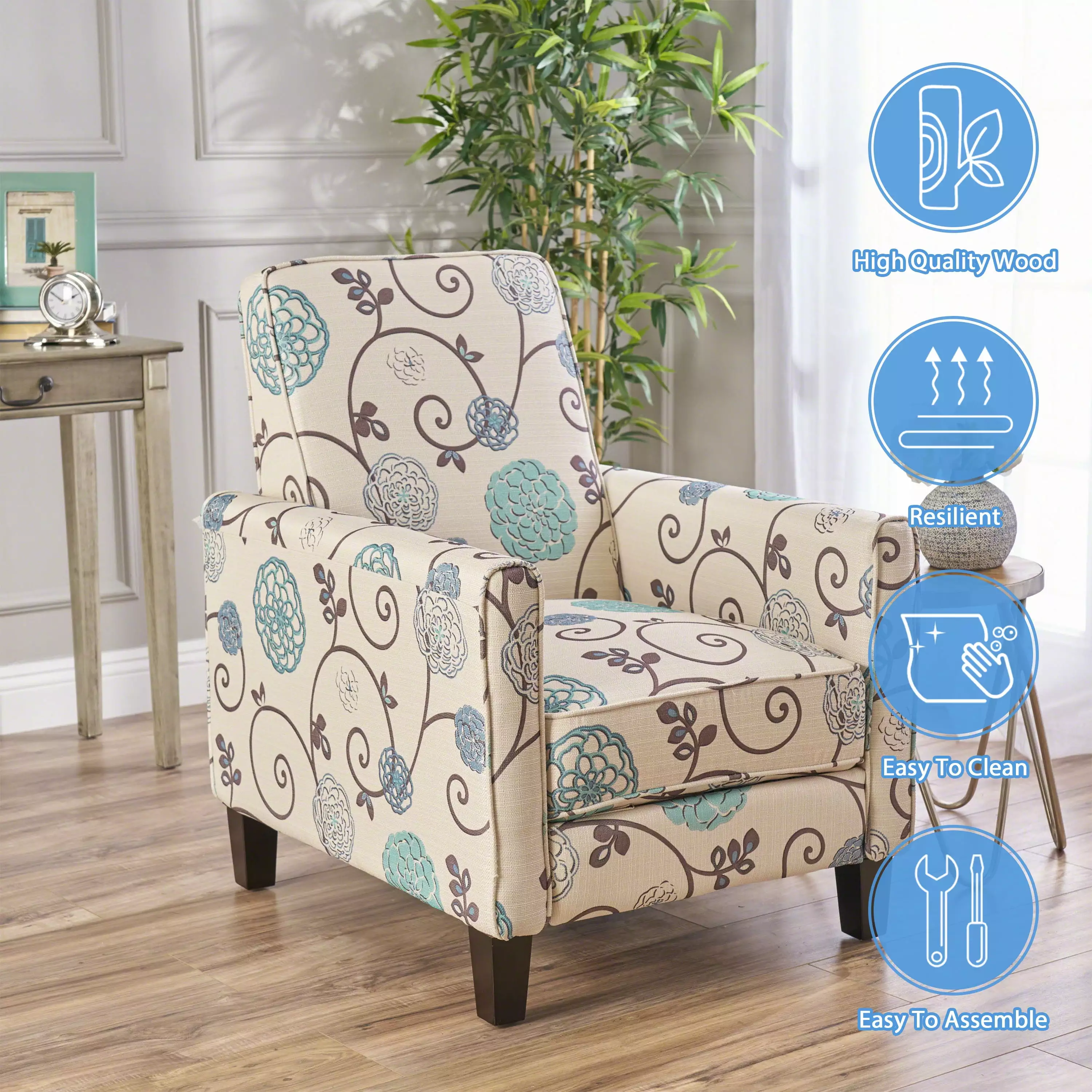 GDF Studio Dufour Fabric Recliner Blue and White GDFSTUDIO