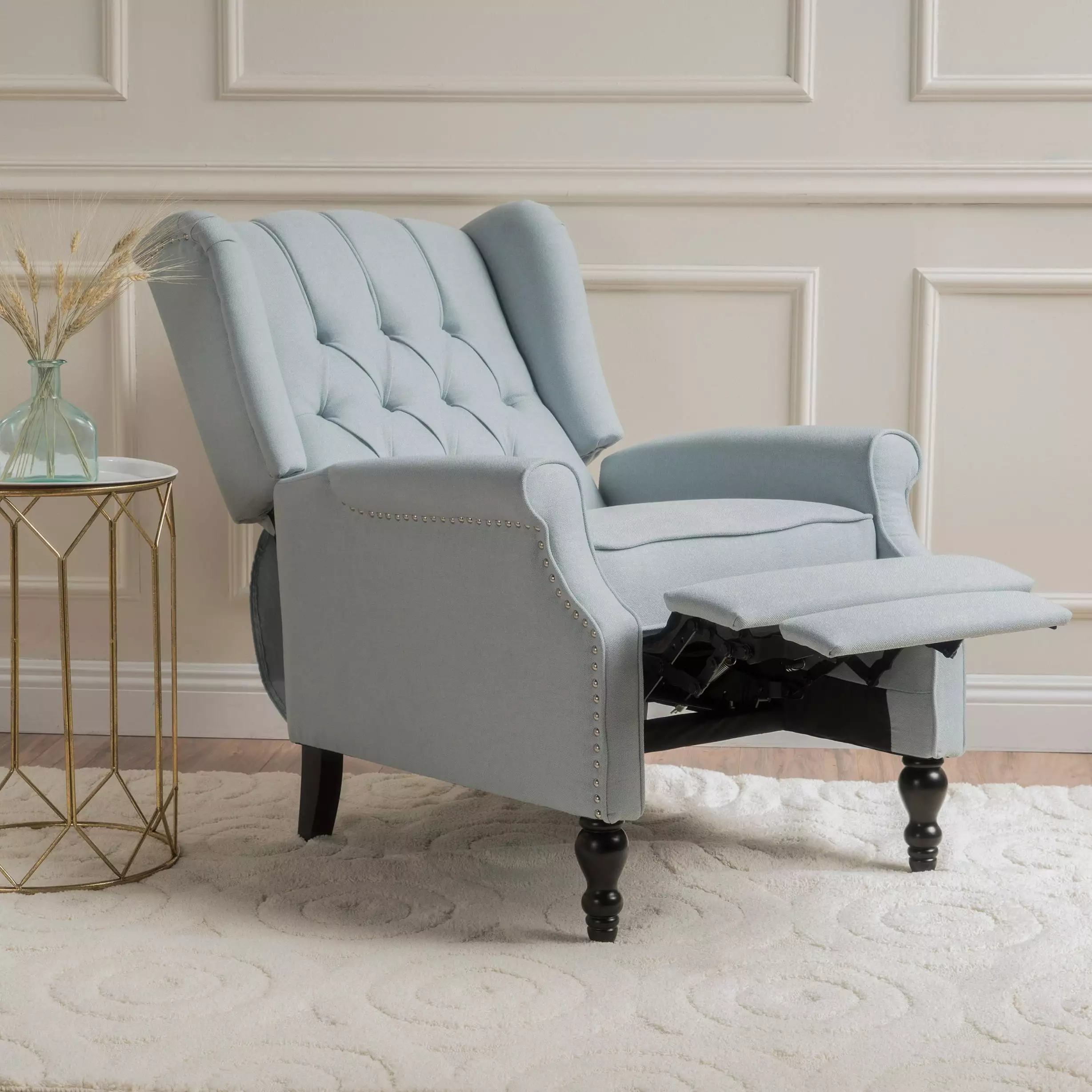 Noble House Woodbridge Light Sky Fabric Tufted Recliner Comfortable Lounge Chair