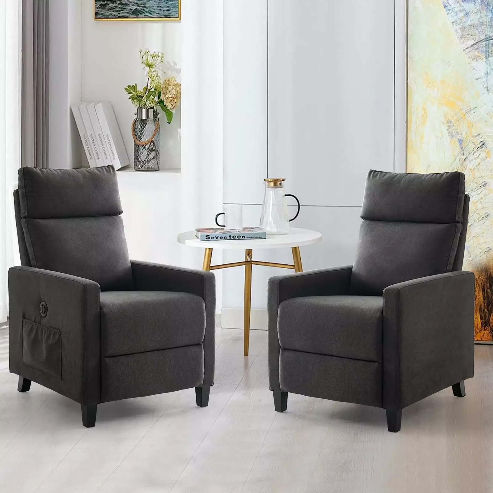 THLAND Power Recliner High Resilience Foam Cushion Hemp-like Fabric Comfortable Breathable Dark Grey 2pcs