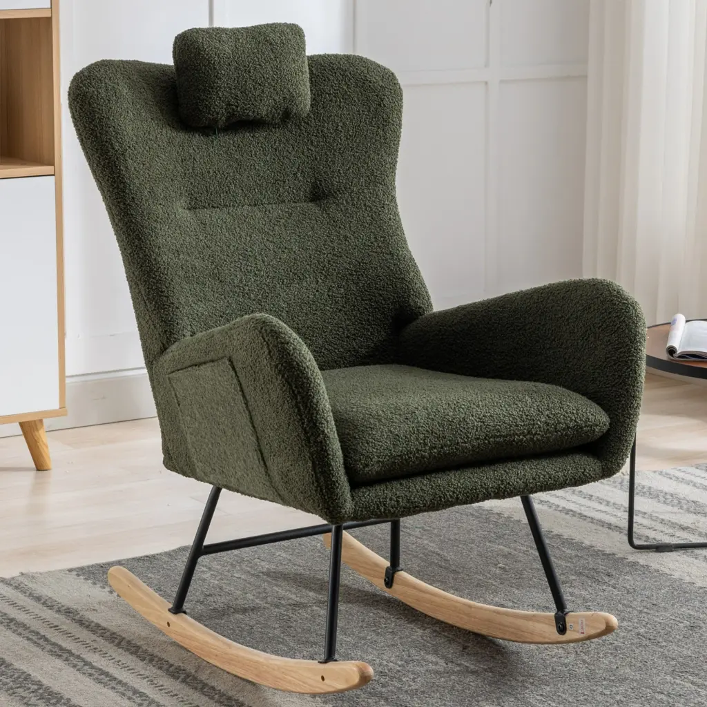 35.5 Inch Soft Teddy Fabric Rocking Chair Pocket Comfortable Rocker rnb