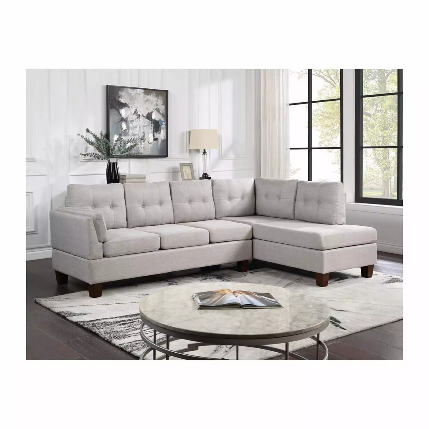 Maykoosh Country Cottage Light Gray Linen Sectional Sofa Right Chaise