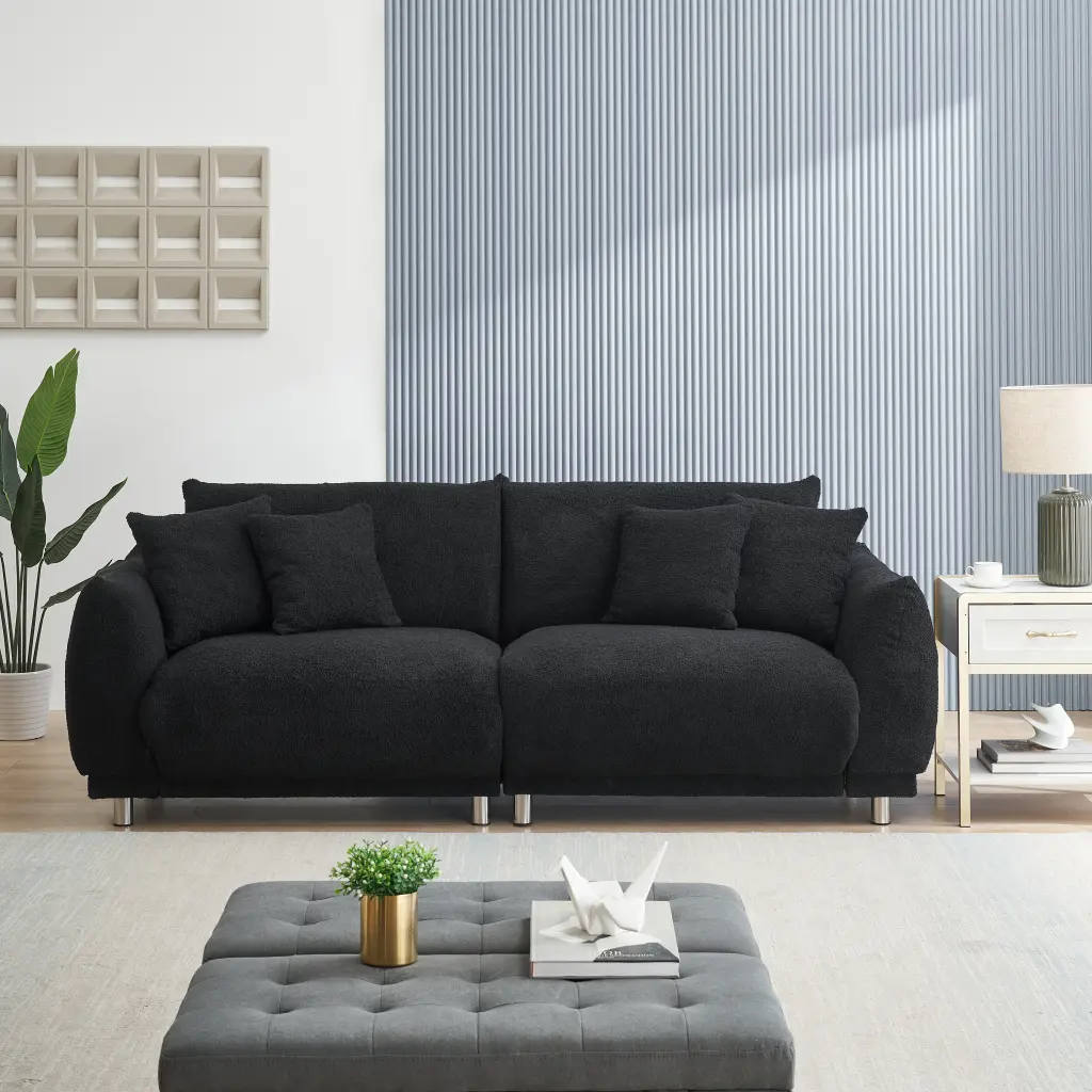 86.6 Inch Teddy Fleece Black Sofa Four Throw Pillows Hardware Free fan chen furniture