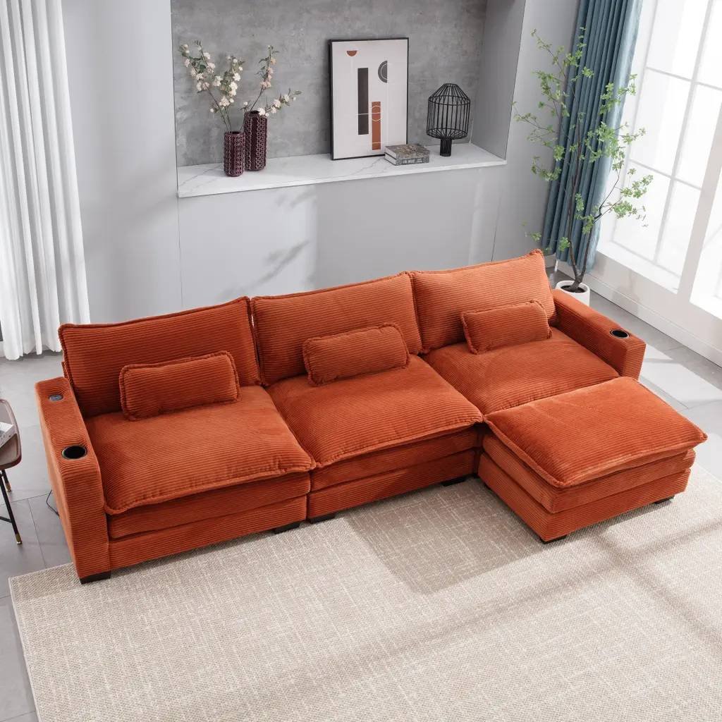 L Influence Sofa Couch USB and Cup Holders, Corduroy Stripe Fabric 3 Seater nan kun