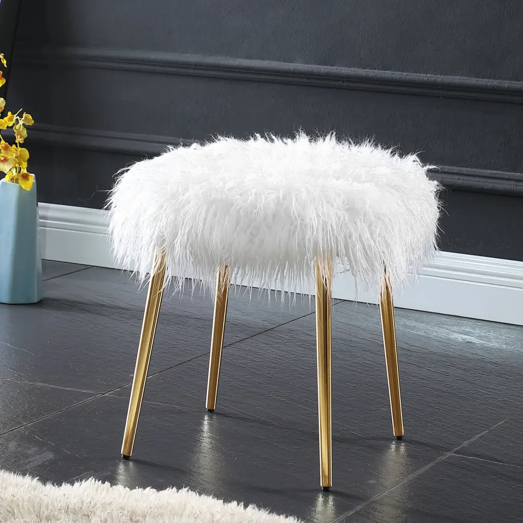 Ravni Faux Fur Accent Ottoman Gold Legs White Pouf Footstool Living Room hz
