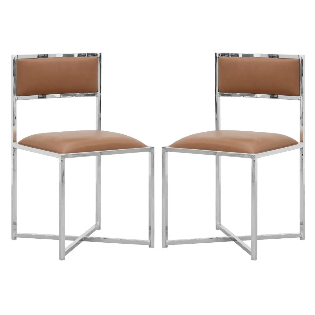 EUN 20 Inch Vegan Faux Leather Dining Chair Chrome Base Set 2 Brown Dining Chairs royal hampton