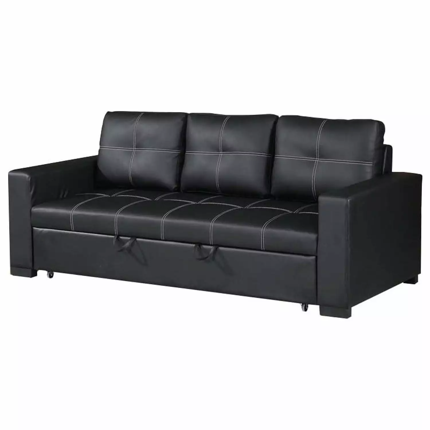 BenJara 85 Inch Convertible Sofa Foam Cushions and Stitch Details Black Faux Leather