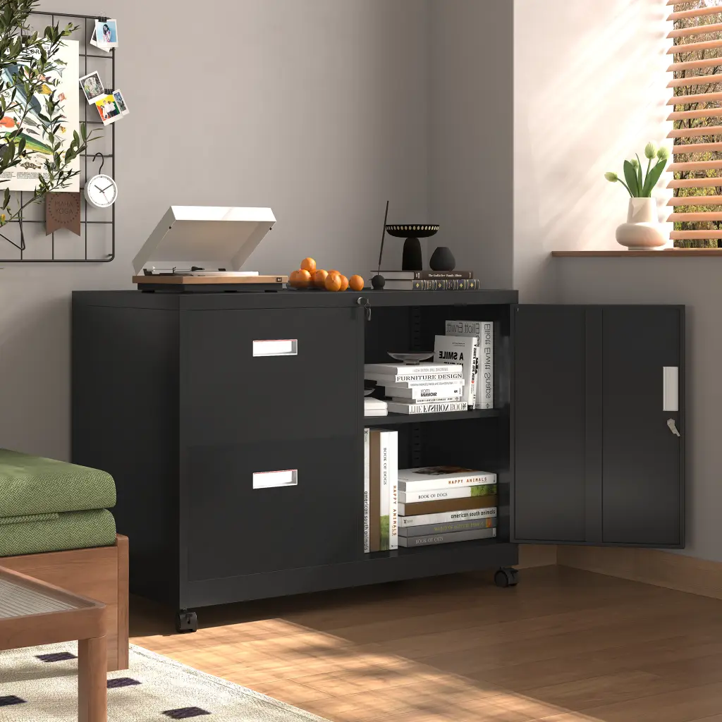 Metal Office Cabinet 2 Drawers and Adjustable Shelves, Mobile Lateral File Cabinet rnb