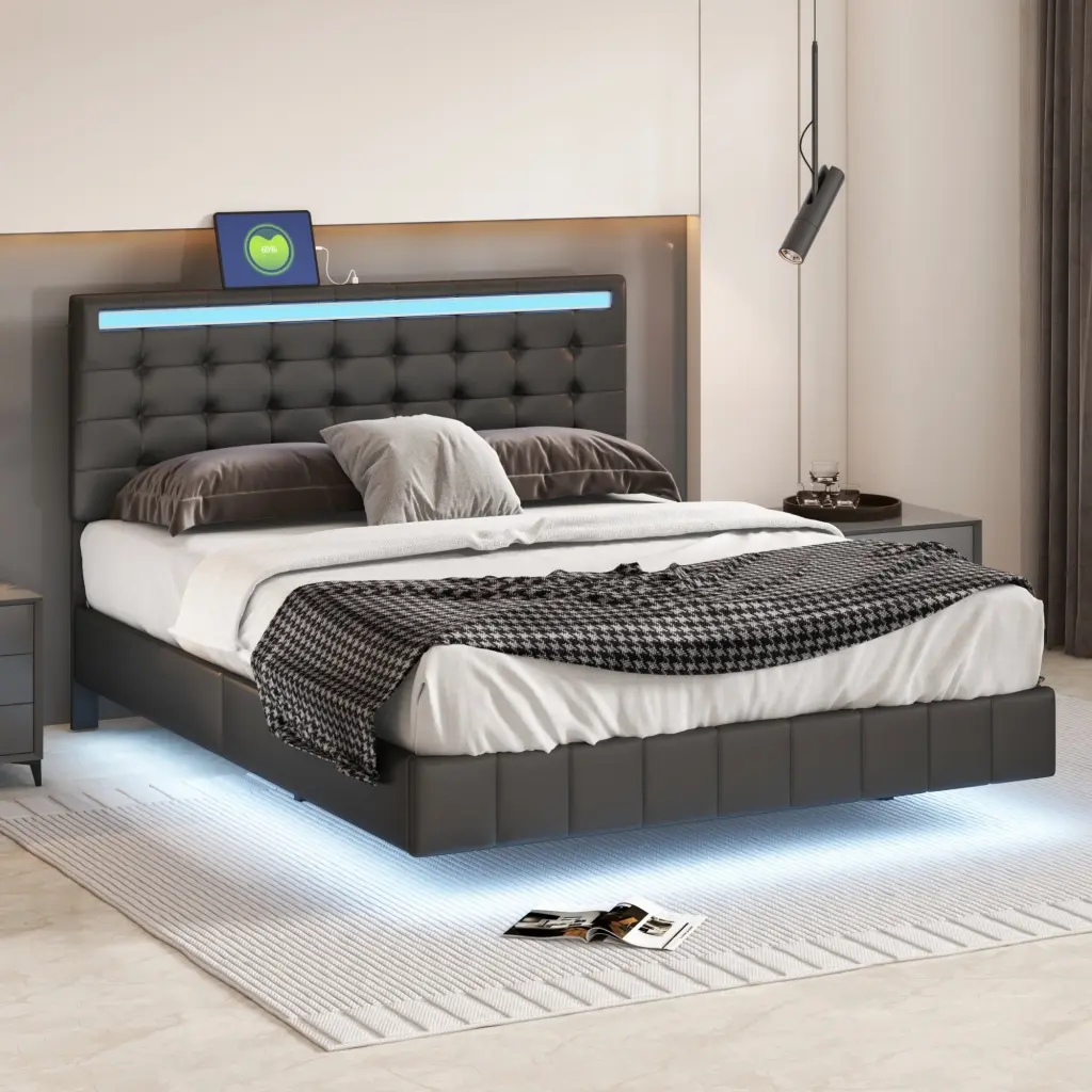 Queen Size Floating Bed Frame LED Lights and USB Charging, Modern Design homey life