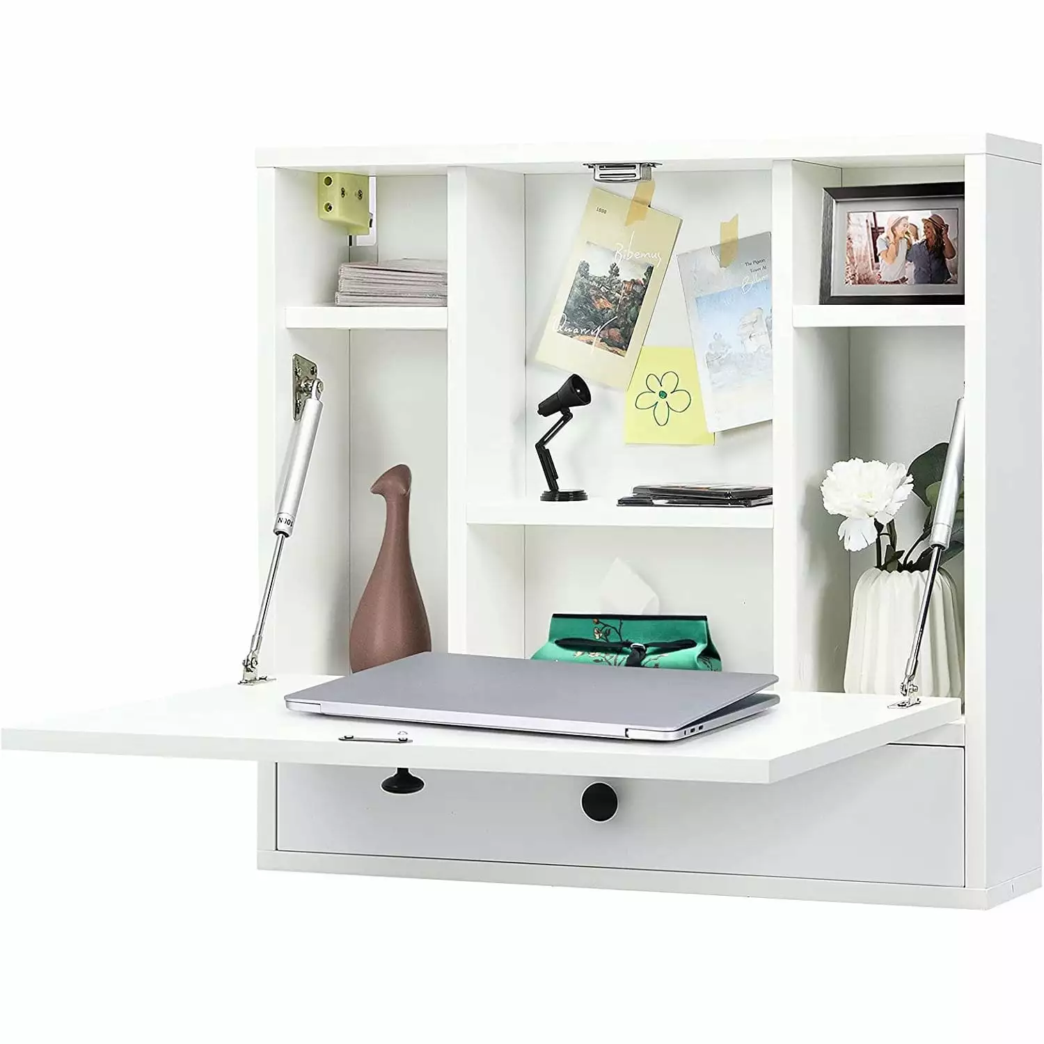 Bilot White Wall Mounted Floating Desk Storage Drawer and Pneumatic Springs