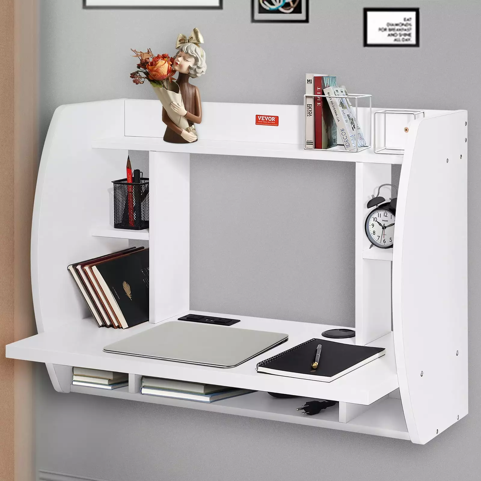 SKYSHALO Wall Mounted Floating Desk Power Socket - White Floating Office Home PC Table Storage Shelf