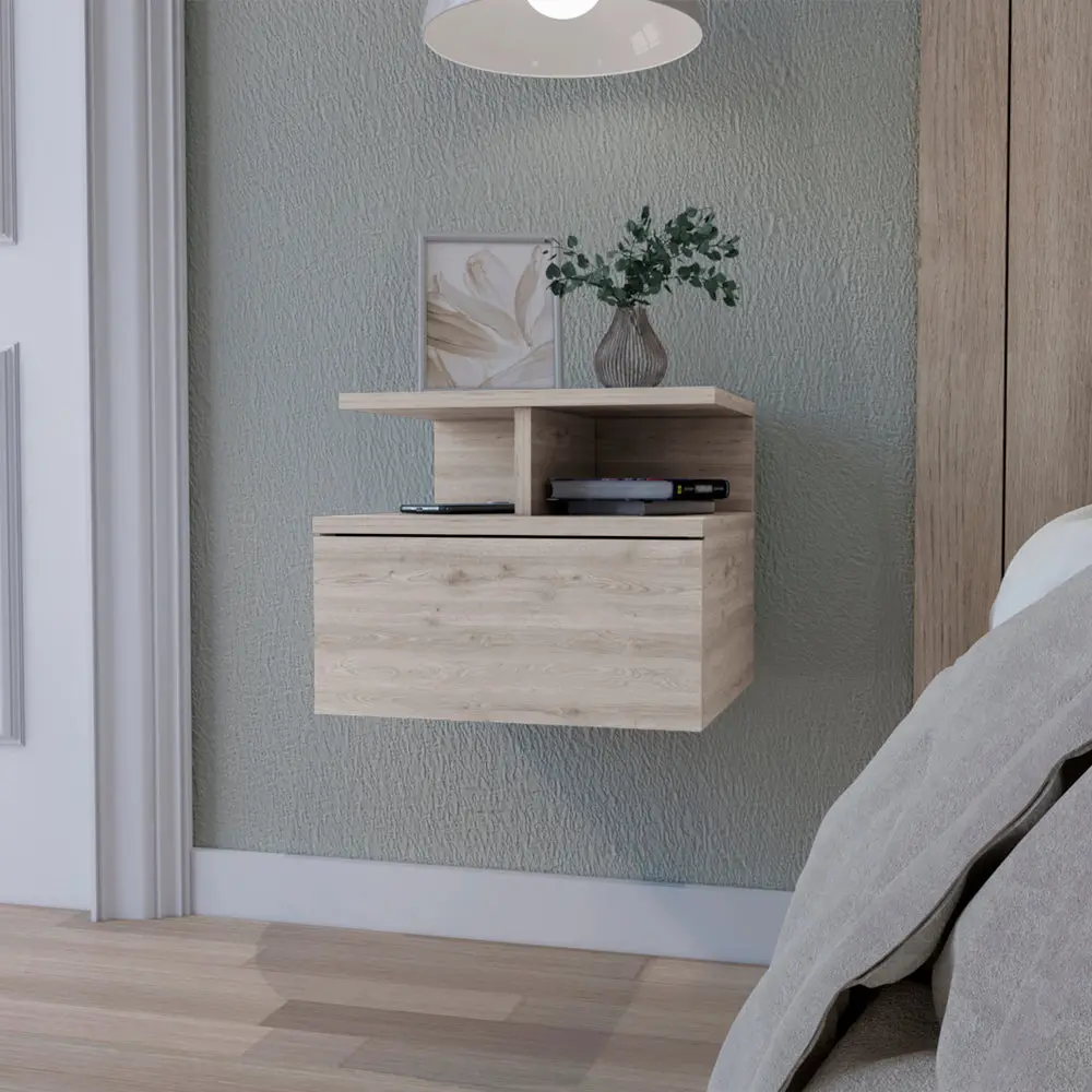 Light Gray 2 Tier Shelf Floating Nightstand 1 Drawer Bedside Table furniture max
