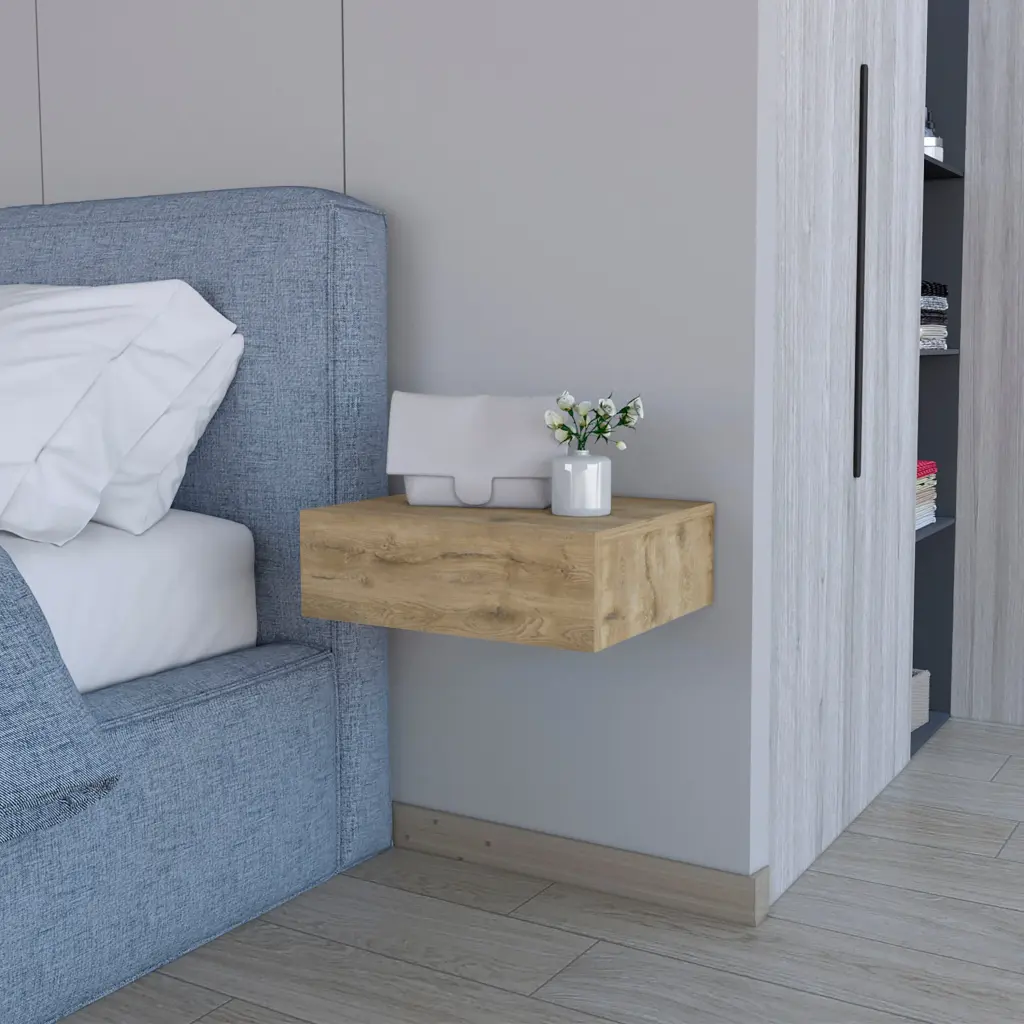 Macadamia Wall Mounted Floating Nightstand 1 Drawer Natural Finish furniture max