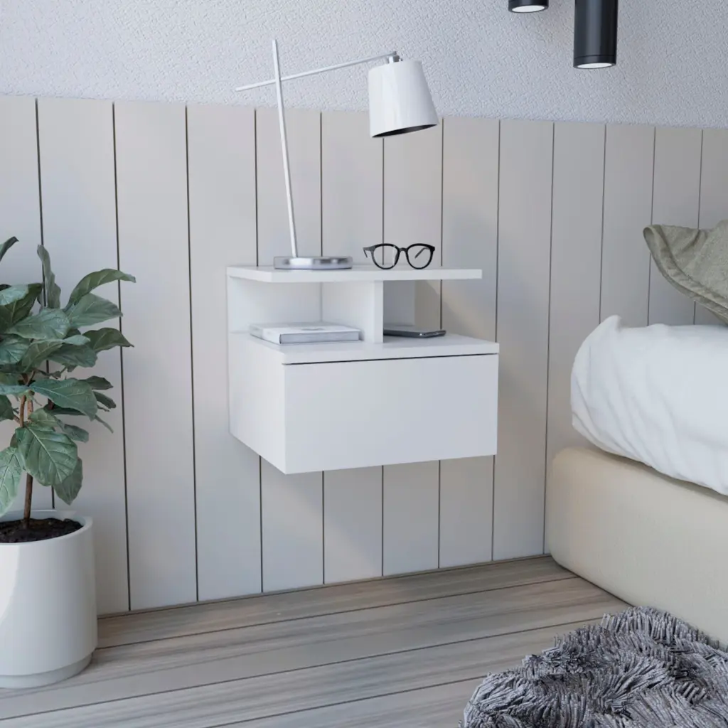 Floating Nightstand Flopini One Drawer White Finish Particle Board treevol furniture
