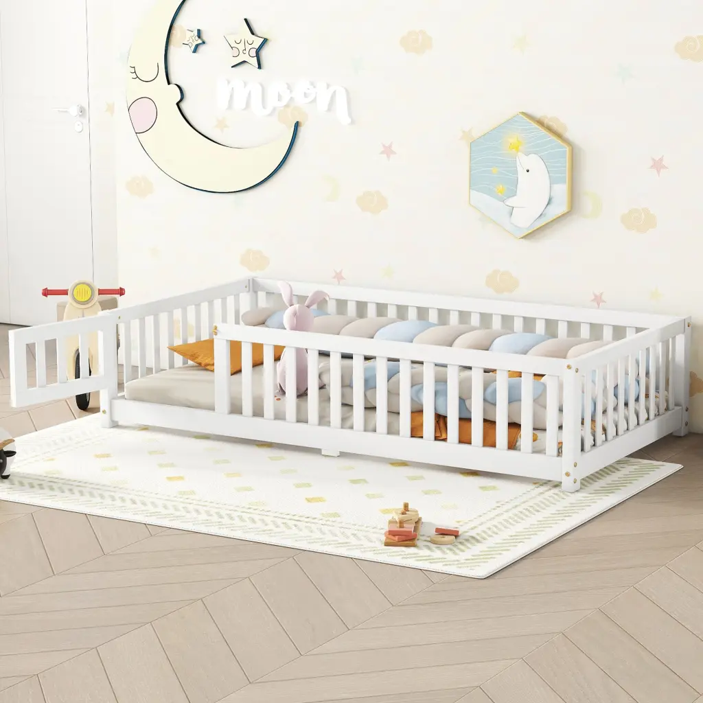 Twin Size Bed Floor Bed Security Guardrails And Door Kids White bonwell