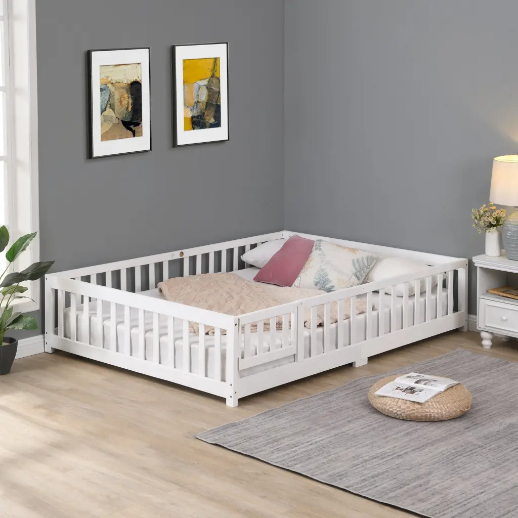 Twin Size Floor Bed Door Solid Wood Platform Bed Frame Fence Kids civilfurniture