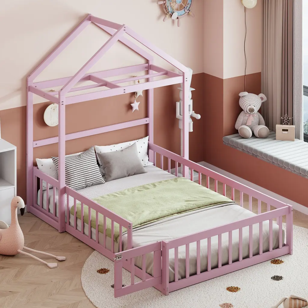 Wooden Floor Bed Fence Railings And Detachable Headboard Kids homey life