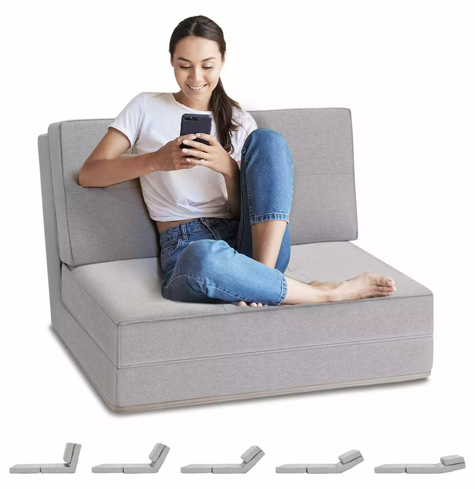 LeCeleBee Folding Upholstered Floor Sofa Adjustable Convertible Chair Chaise Lounger 5-Position Backrest 3 1 Folding Bed C...