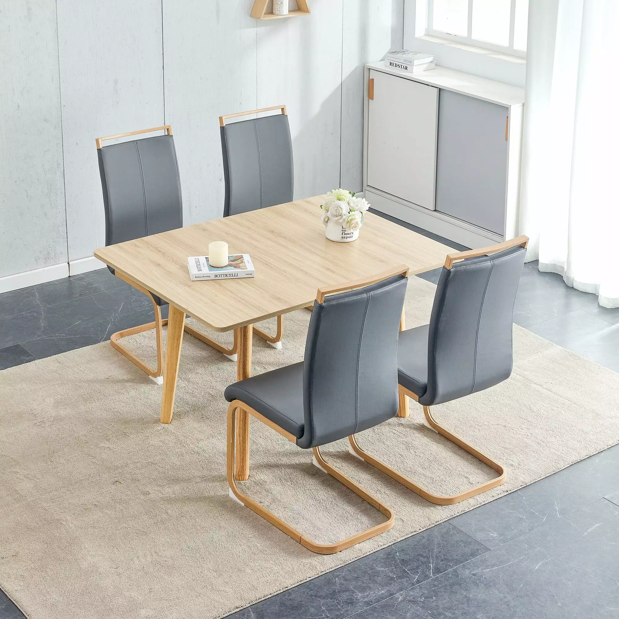 Wood Colored Mfc Desktop Rubber Wooden Legs Foldable Computer Desk Modern Pu Leather High Backrest Chair CNCJ