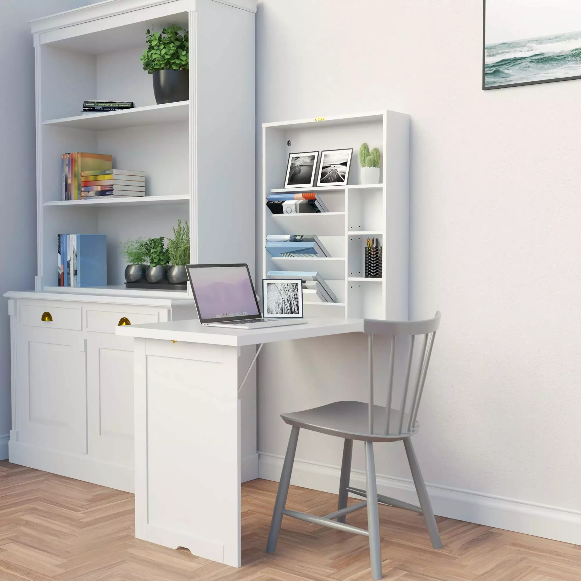 Jaxpety Wall Mounted Foldable Desk - Convertible Desk Home Office Book Storage White