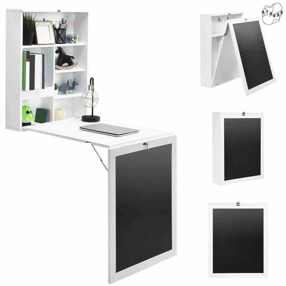 Folding Table Desk Modern Simple Wall Mounted Storage Shelf and Blackboard White FHWMD2LCXLW