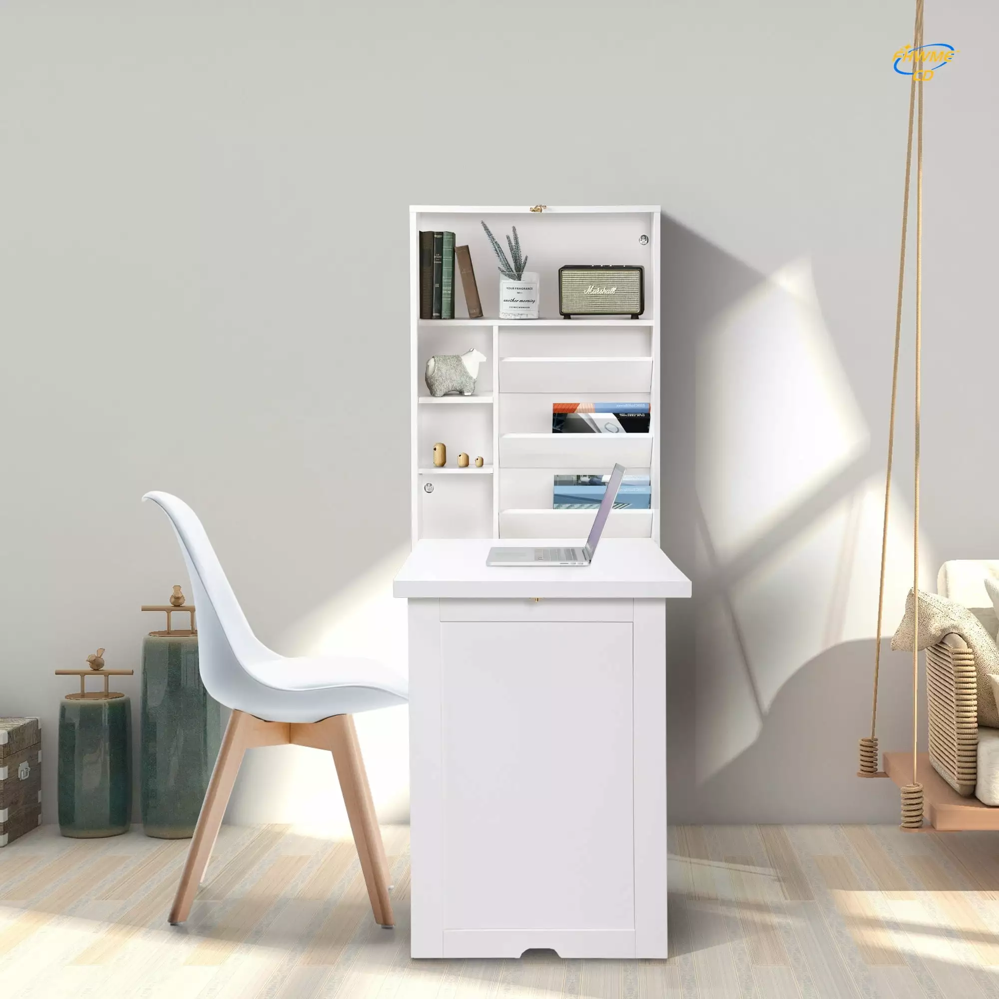 White Wood Wall Mounted Folding Desk Cabinet Storage Bedroom Office FHWMECD