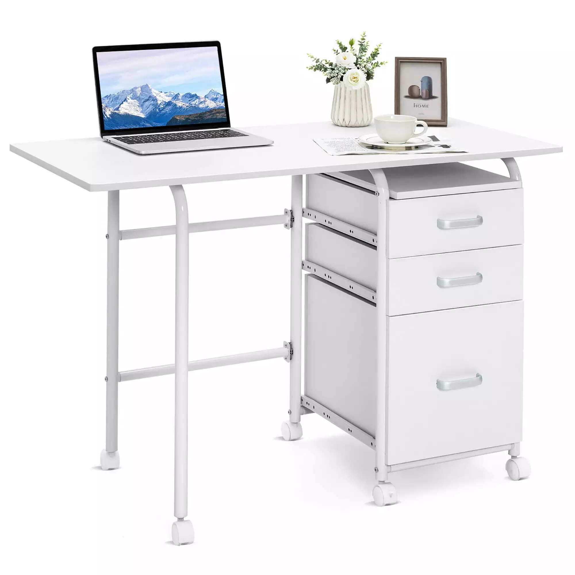 Gymax Folding Computer Laptop Desk Wheeled Home Office Furniture 3 Drawers White