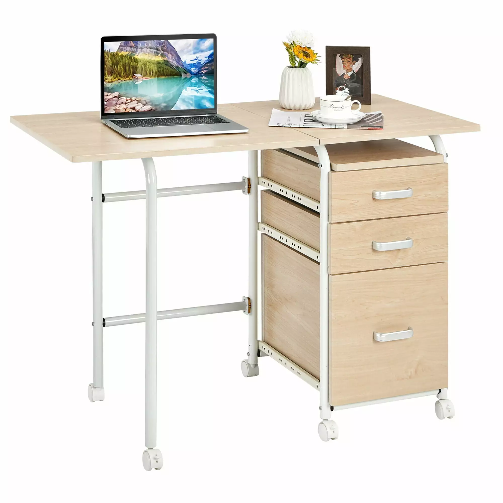 Gymax Wheeled Folding Computer Desk 3 Drawers Home Office