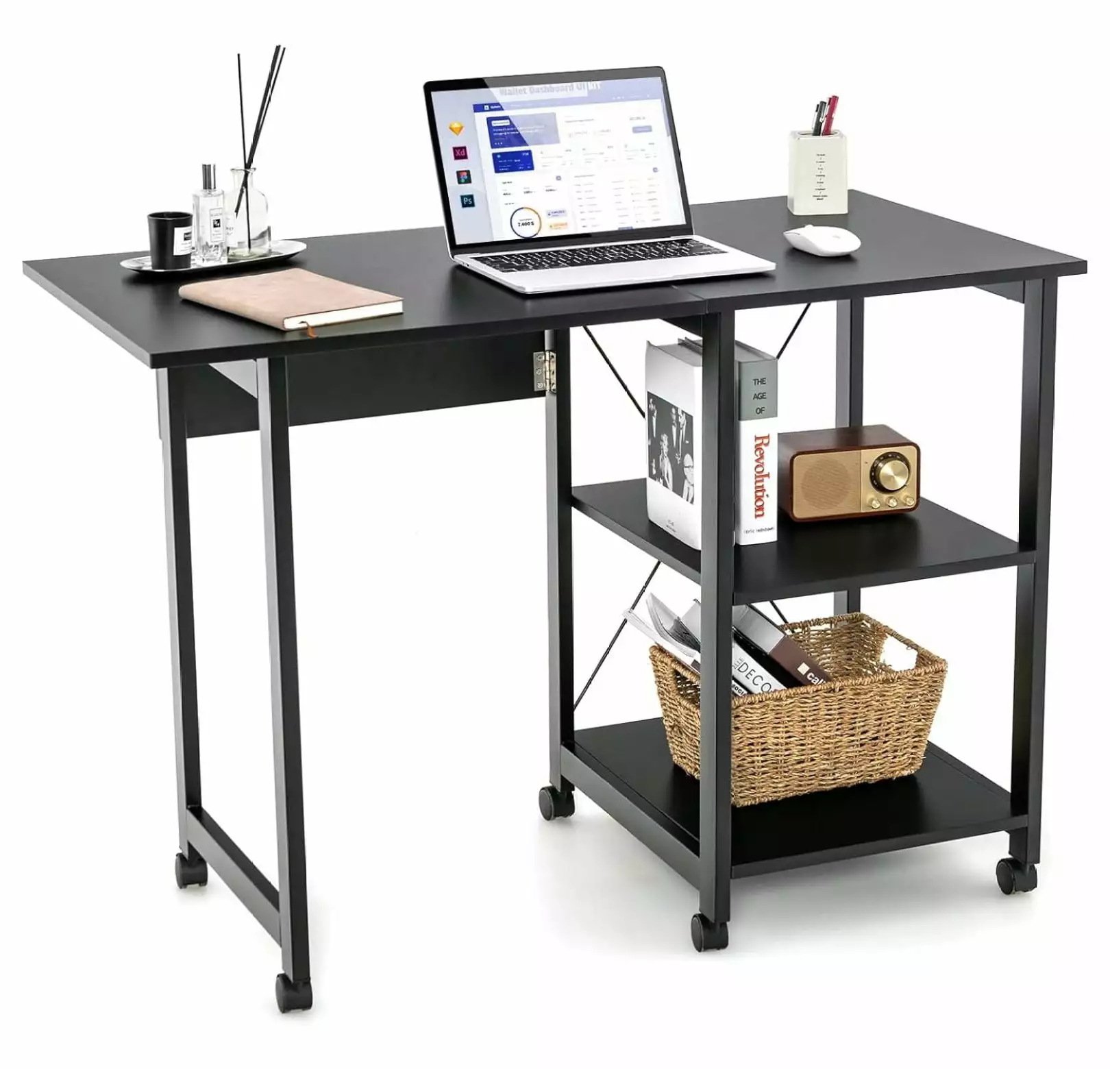 Killeryuki Folding Computer Desk 2-Tier Storage Shelves - Modern Compact Home Office Desk 6 Wheels - Black