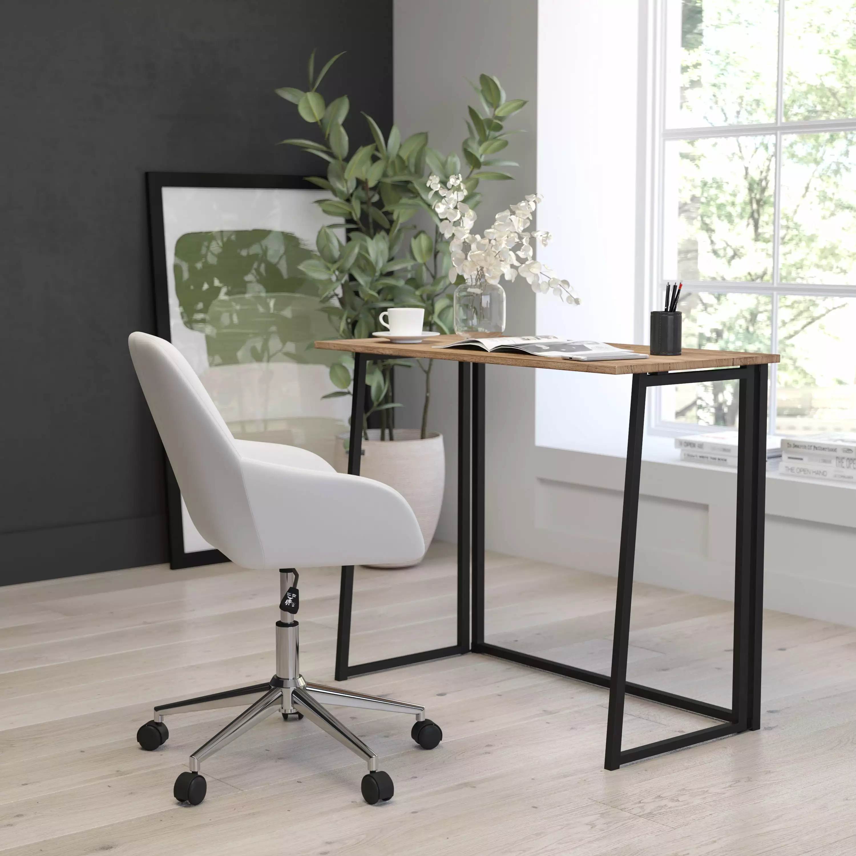Merrick Lane Rustic Natural Folding Computer Desk Wood Grain Finish Top Black Folding Metal Legs Portable