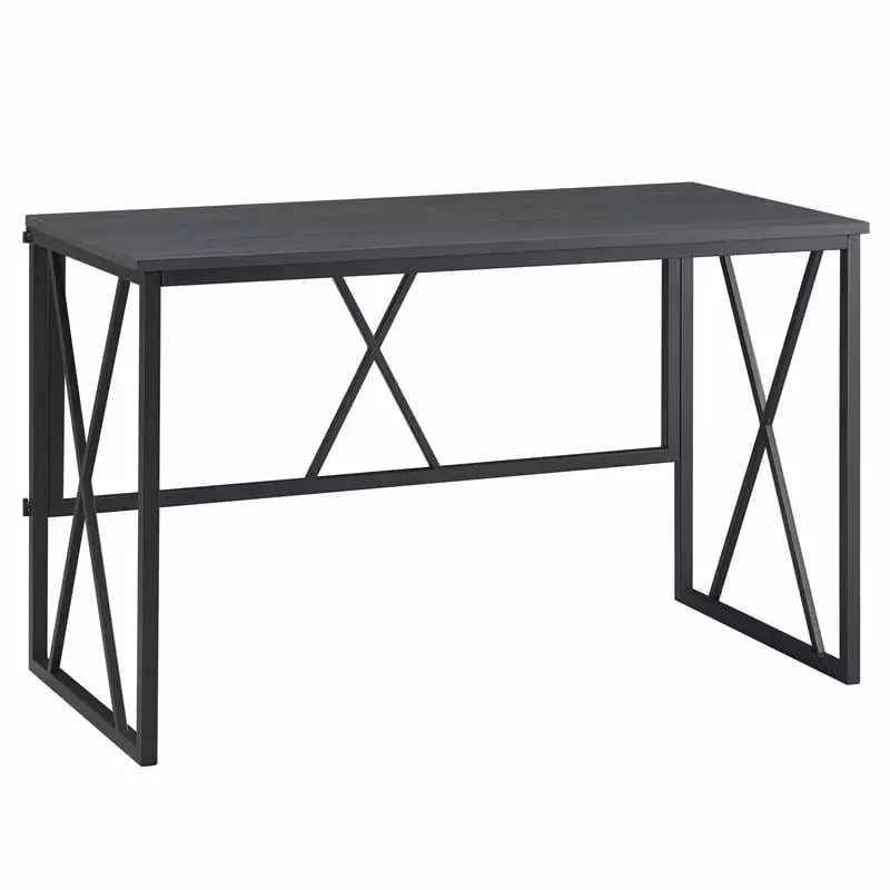 Pemberly Row Collapsible X Desk Gray Herringbone Matte Black Portable Workstation