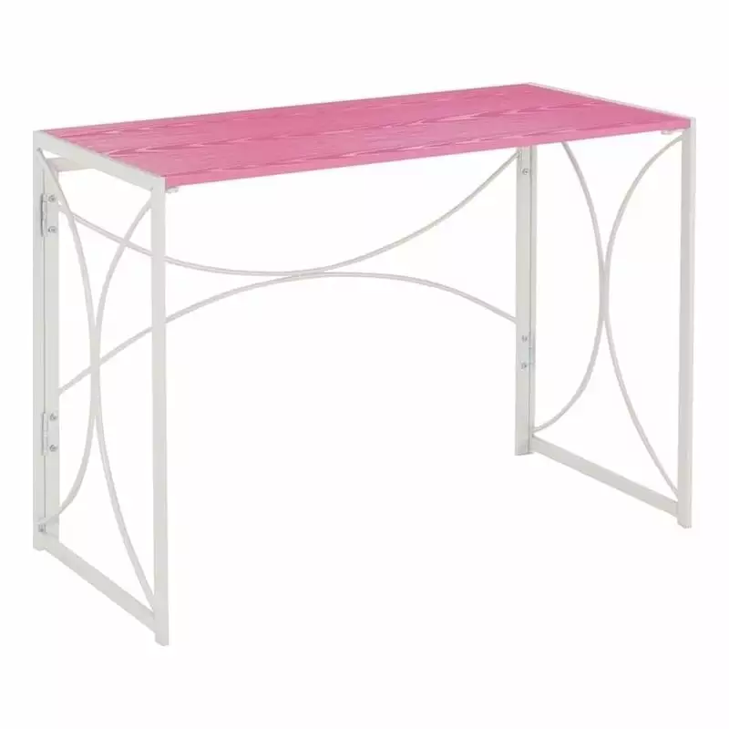 Pemberly Row Folding Desk Pink Wood Finish White Metal Frame Space Saving