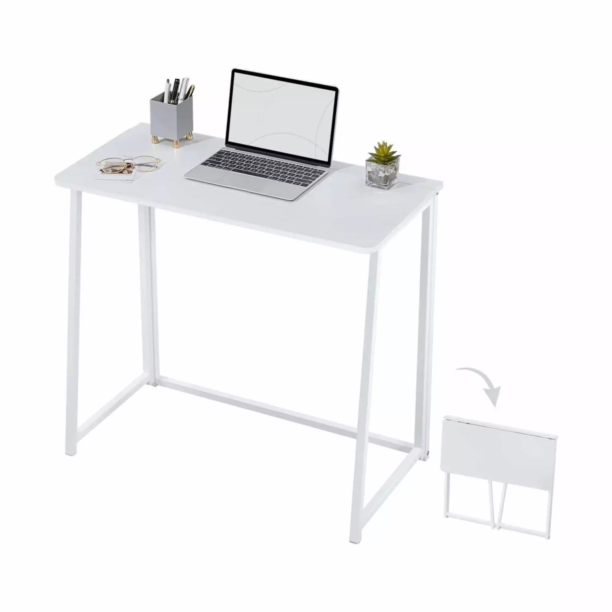 QXDRAGON Folding Writing Computer Desk White Small Space Foldable Laptop Table