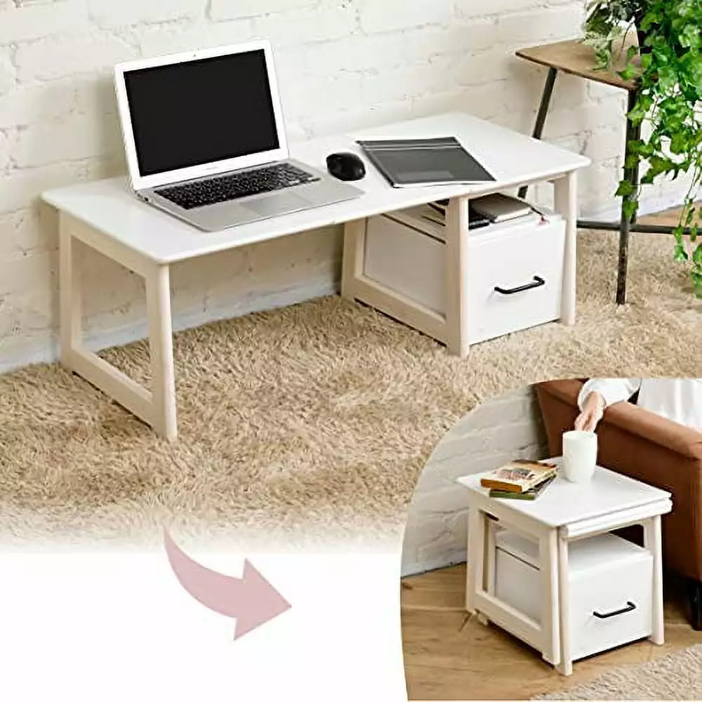 Yamazen 2-Way Low Desk Folds to Side Table Drawer Rounded Corners White