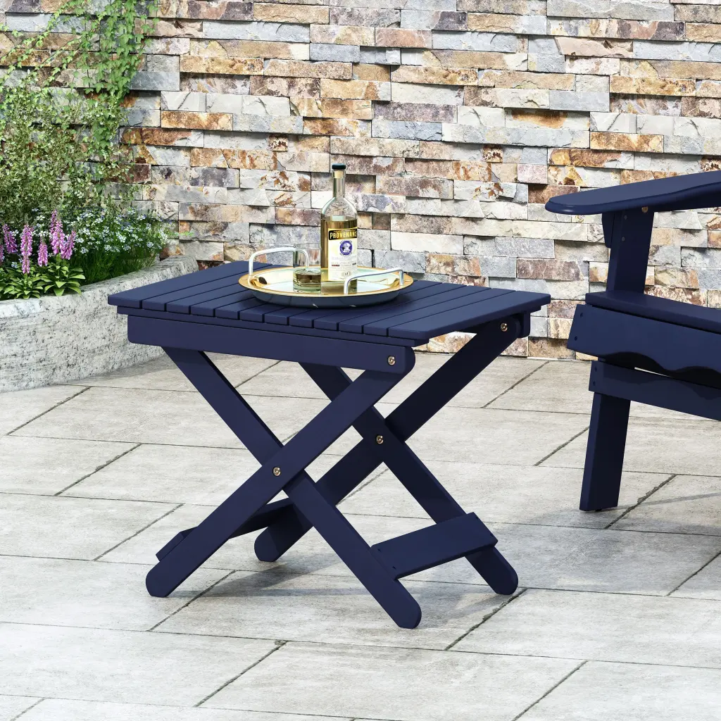 Outdoor Folding Wooden Side Table Navy Blue 15 Inch Diameter nh-onfind