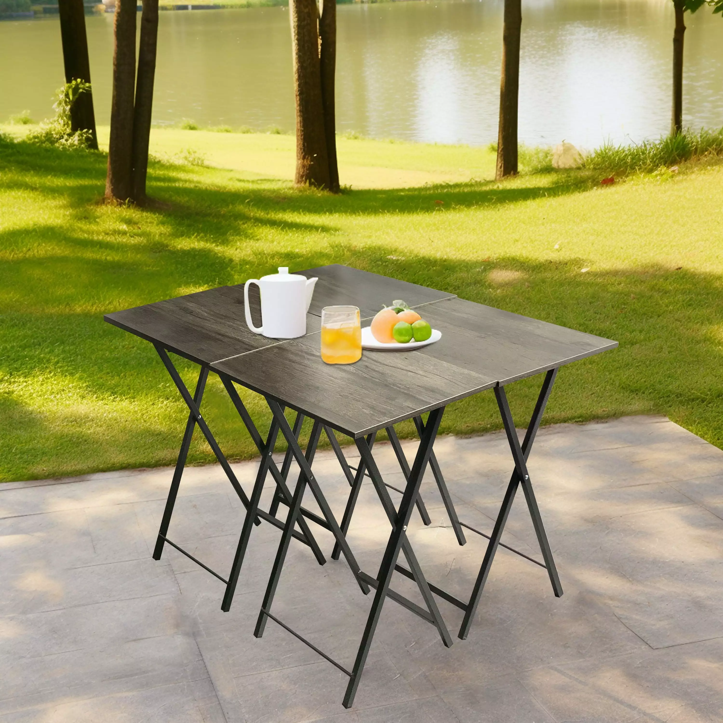 Folding Office Table TV Tray Tables Set 4 Storage Stand Rustic Grey SMHZ