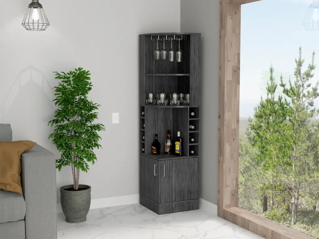 Seattle Bar Cabinet Eight Bottle Cubbies Two Large Open Shelves Freestanding fm furniture