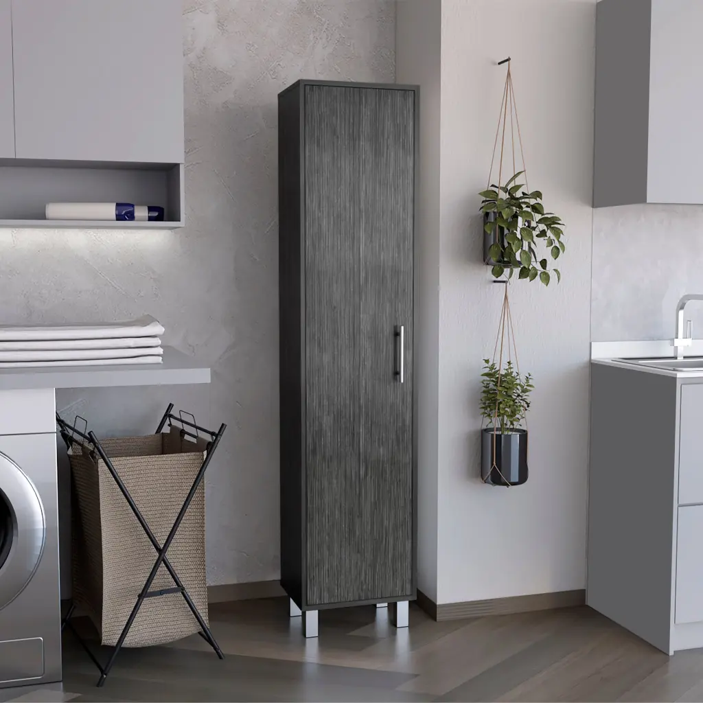 Linquirea Storage Cabinet Broom Hangers 1 Door Freestanding Natural Brown tuhome