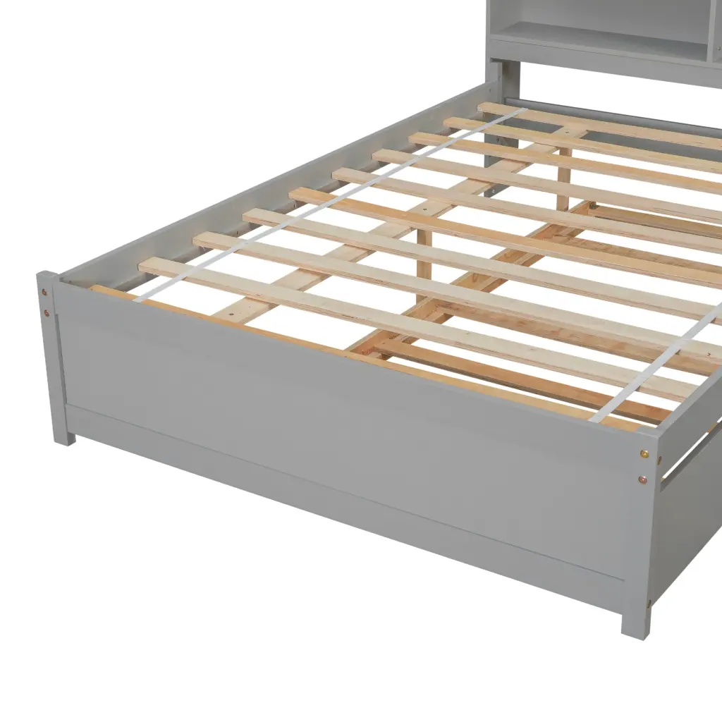 Full Bed Trundle And Bookcase Grey Pine Wood Finish Space Saving Design inspirit