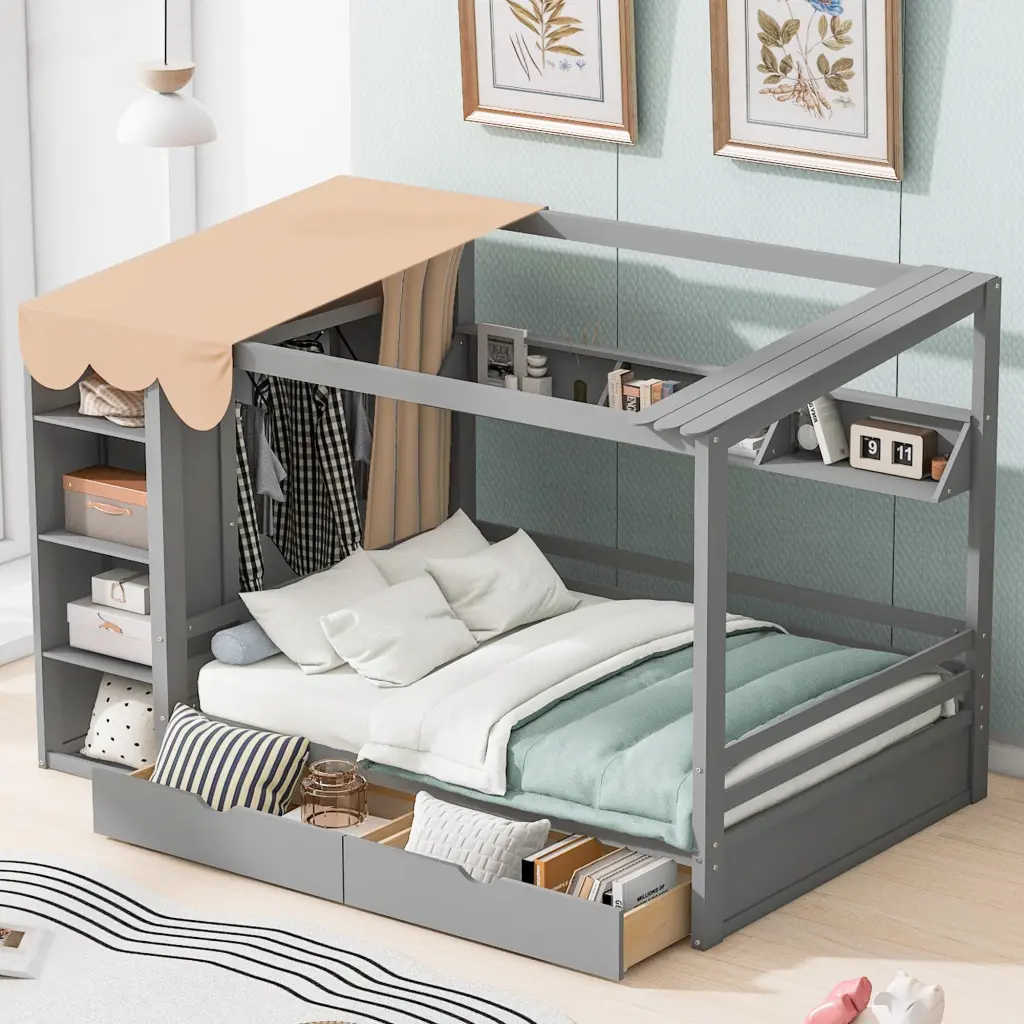 Full Size Houtilize Bed Two Drawers And Wardrobe Gray Full Solid Wood Frame lucky furniture