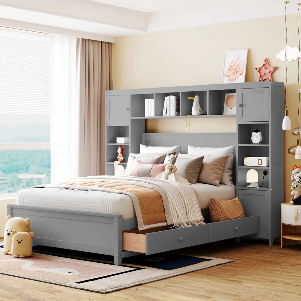 Full Size Wooden Bed All One Cabinet And Shelf Gray lucky furniture