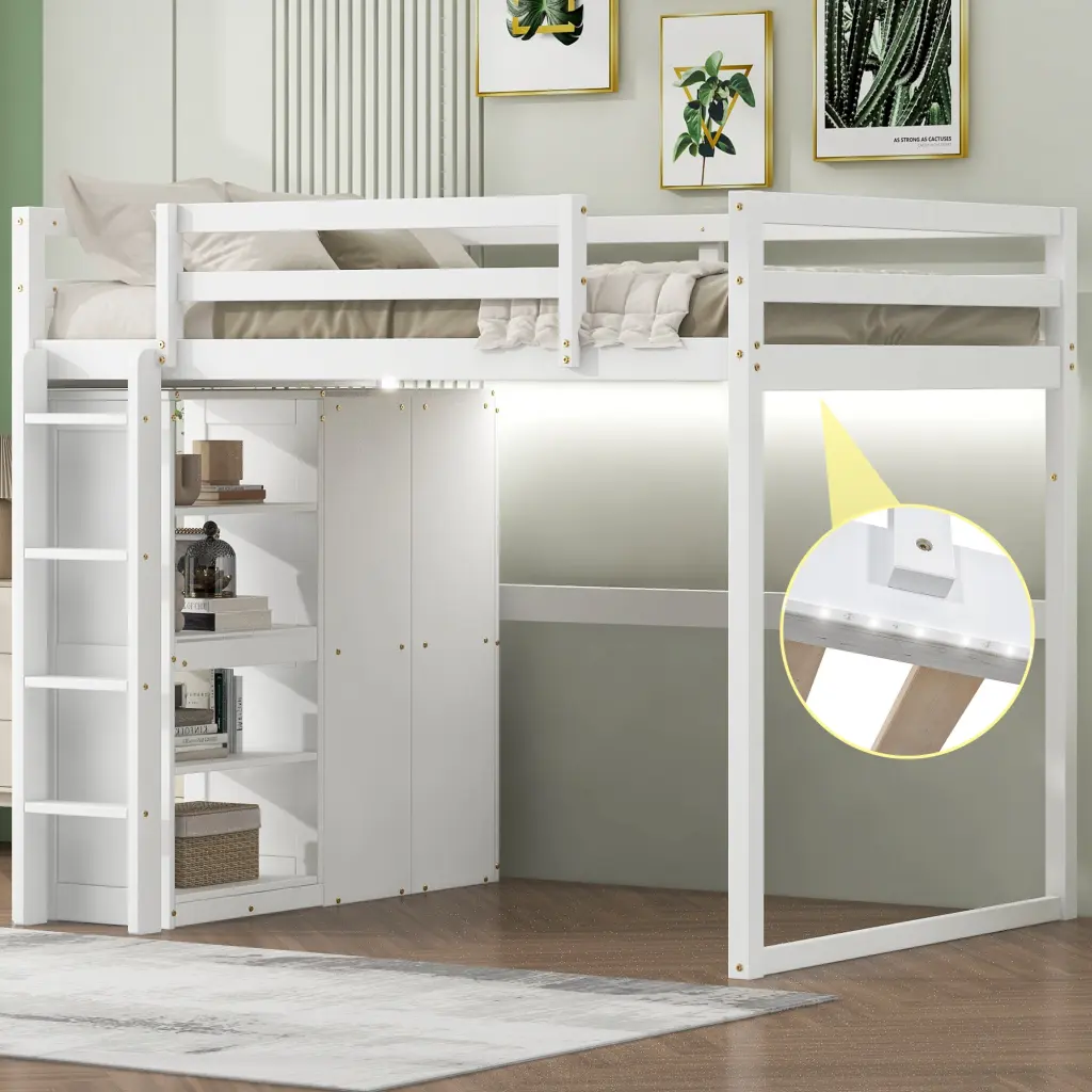 Wood Full Size Loft Bed Built- Wardrobe and Storage Shelves wm store