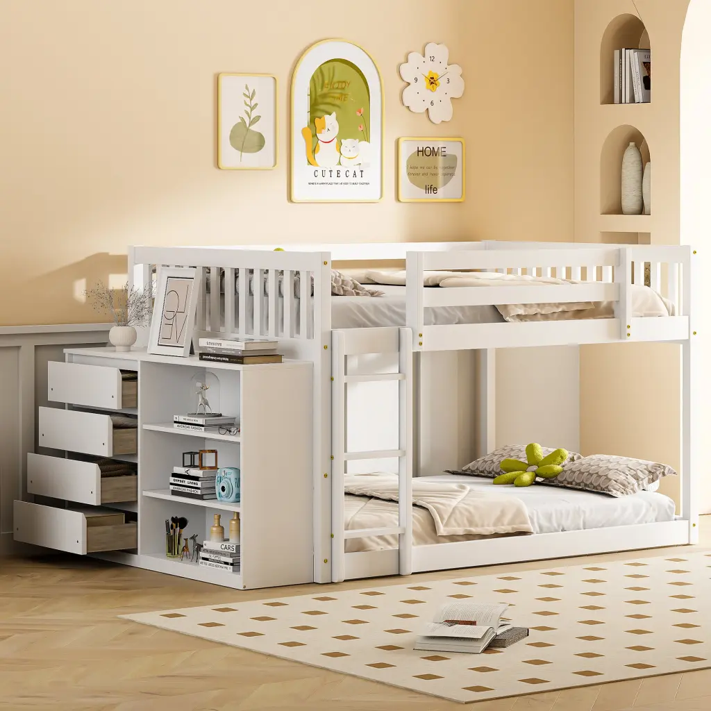 Full Over Full Bunk Bed 4 Drawers And 3 Shelves White Full Size Bunk Bed lucky furniture