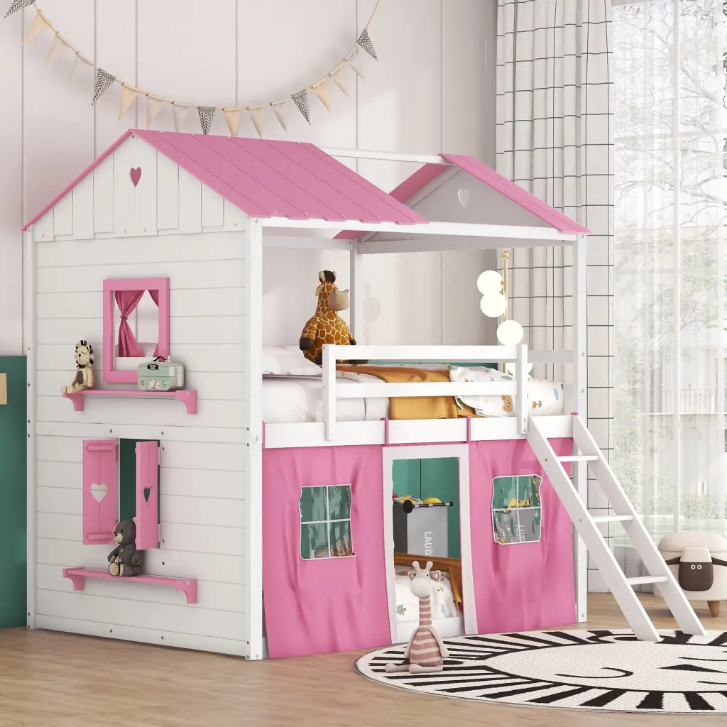 Full Size Bunk Wood Houtilize Bed Elegant Windows, Sills And Tent, Pink lucky furniture