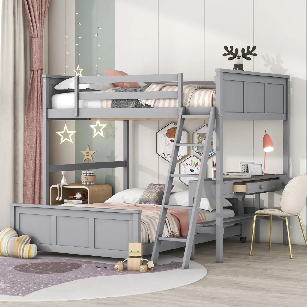 Full Over Full Bunk Bed Desk Gray Solid Wood MDF lucky furniture